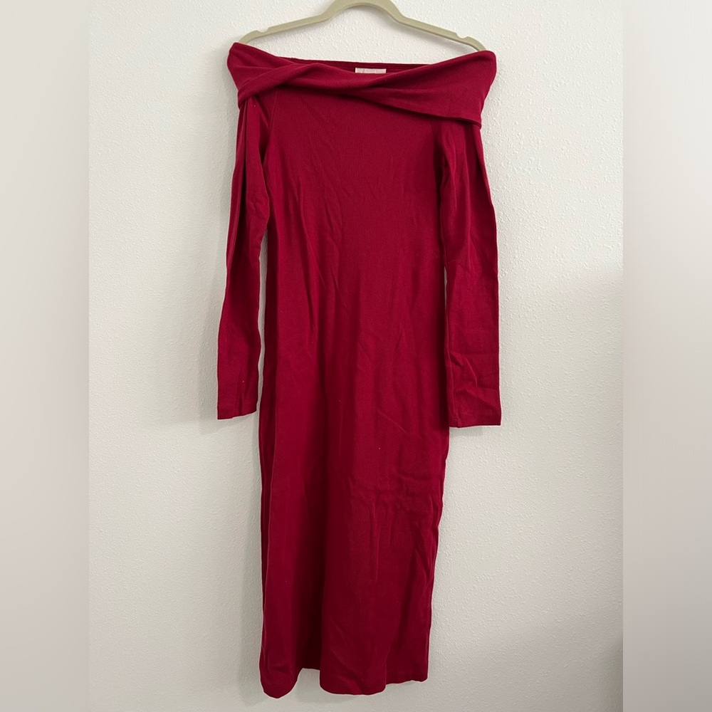 Red Off the Shoulder Ribbed Dress